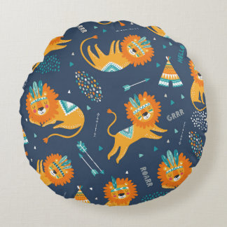 Almofada Redonda Cartoon de Leões Tribais Padrão Invisível