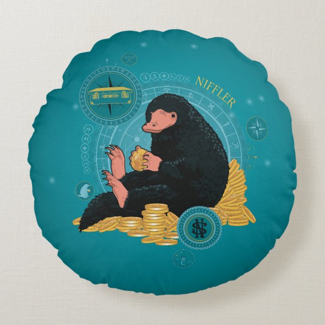 Almofada Redonda Cartoon NIFFLER™ com moedas Douradas (Frente)