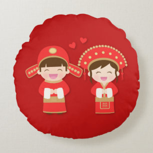 Almofada Redonda Casal Chinês Tradicional Fofo Decoração de Casamen