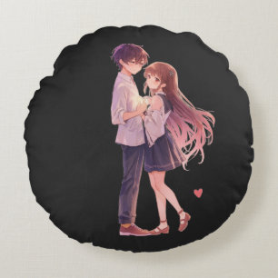 Almofada Redonda Casal de Anime Romântico - Arte de Amantes com Est