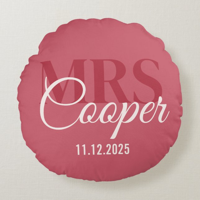 Almofada Redonda Casal de Noivos Elegantes Nome Cor Marfim Vermelho (Frente)