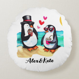 Almofada Redonda Casal de Pinguins Engraçados, Animais Apaixonados