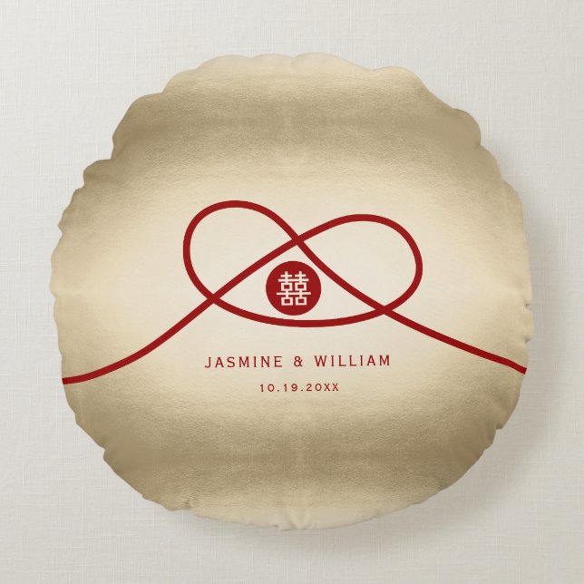 Almofada Redonda Casamento Chinês de Dupla Felicidade do Red Knot U (Frente)