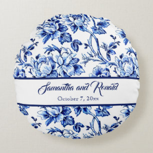 Almofada Redonda Casamento Toile Floral Azul e Branco