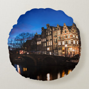Almofada Redonda Casas do canal de Amsterdão na noite
