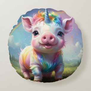 Almofada Redonda "Cascos Mágicos: O Rainbow Unicorn Pig"