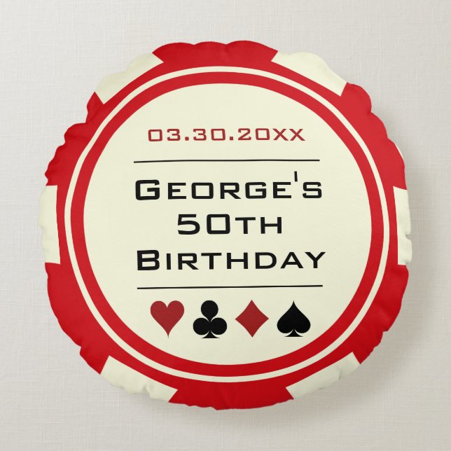 Almofada Redonda Casino Poker Chip Red e Cream Birthday (Frente)