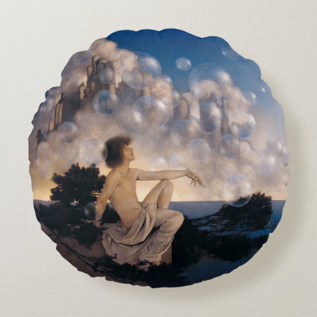 Almofada Redonda Castelos no Ar de Maxfield Parrish 1904 Fantasia V (Frente)
