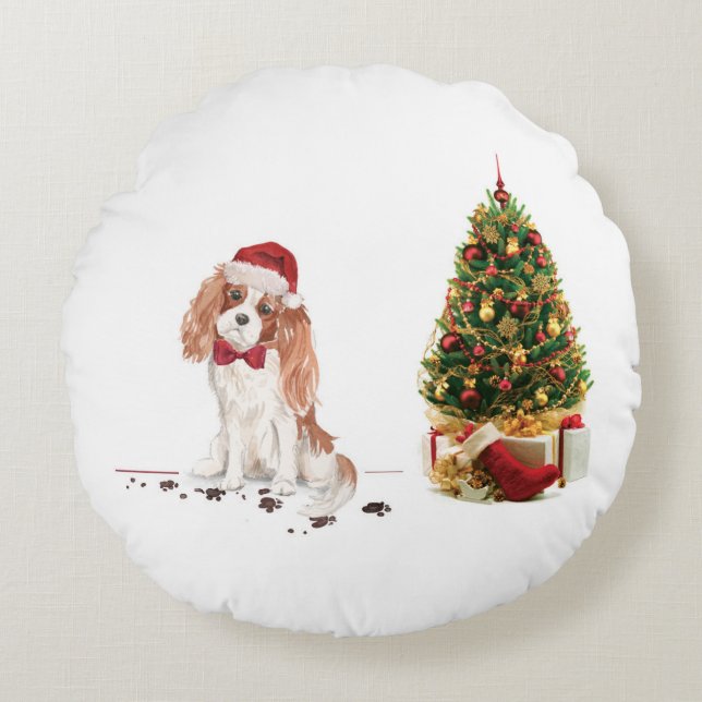 Almofada Redonda Cavalier King Charles Spaniel Funny Cog de Natal (Frente)