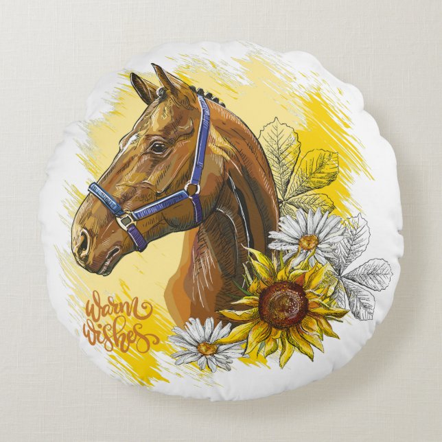 Almofada Redonda Cavalo de desenho manual com plantas e flores joga (Frente)