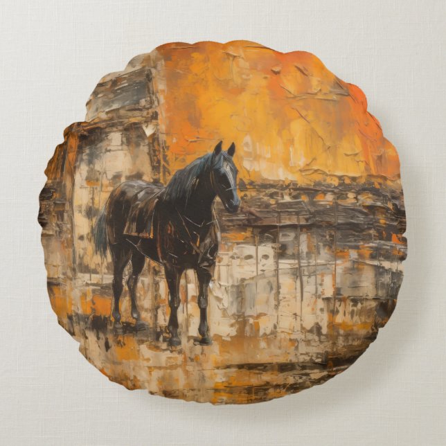 Almofada Redonda Cavalo Majestoso em Abstrato Sunset (Frente)