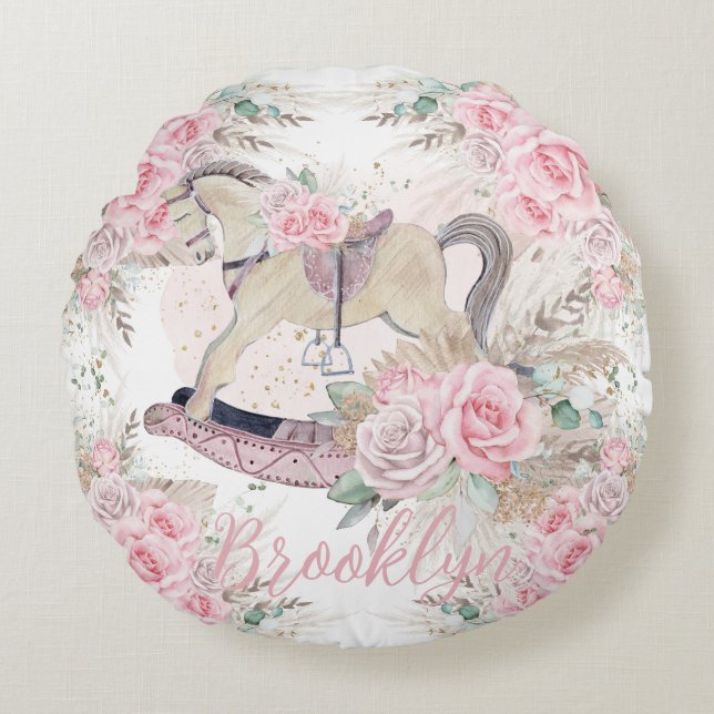 Almofada Redonda Cavalo Mecedor Floral Boho Pampas Rosa (Frente)