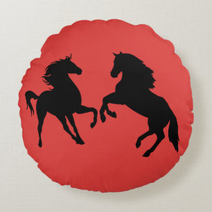 Almofada Redonda Cavalos Pretos - Escolha / Adicione Sua Cor