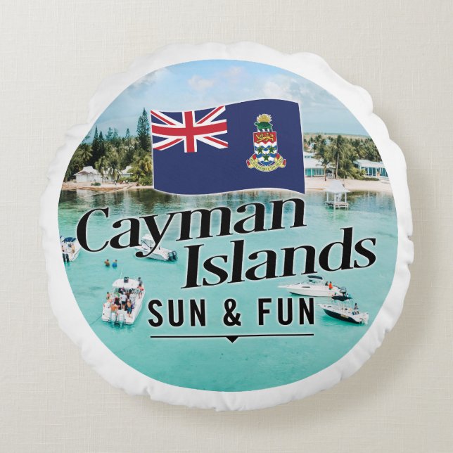 Almofada Redonda "Cayman Islands Sun & Fun" Com Bandeira (Frente)