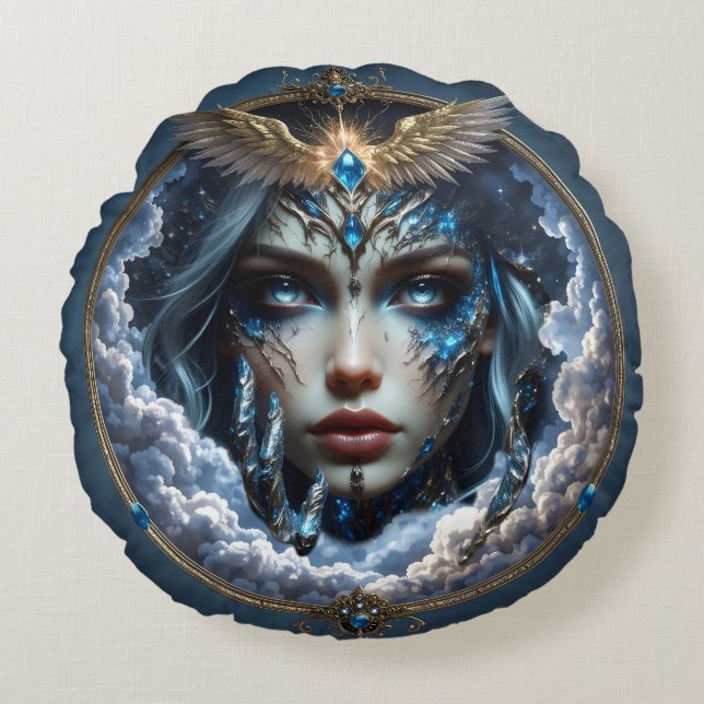 Almofada Redonda Celestia – Guardiã do Céu Infinito.  (Frente)