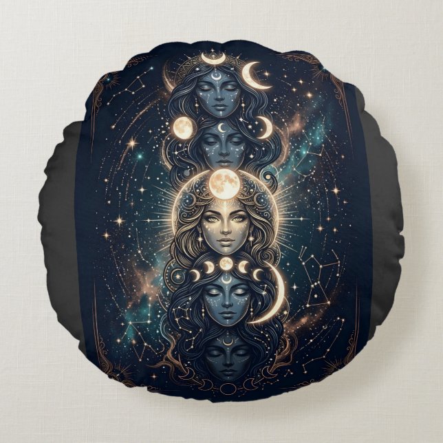 Almofada Redonda Celestial Moon Goddess Mystical  (Frente)