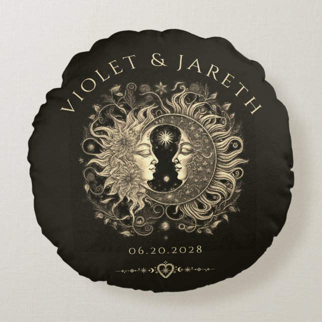 Almofada Redonda Celestial Sun Moon Stars Casamento (Frente)