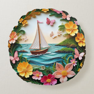 Almofada Redonda Cena da Natureza com Quilling e Barco à Vela