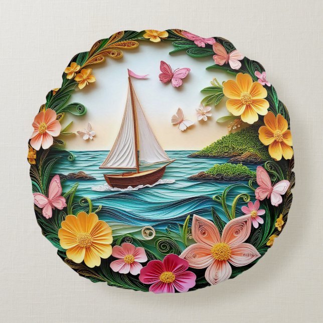 Almofada Redonda Cena da Natureza com Quilling e Barco à Vela (Frente)