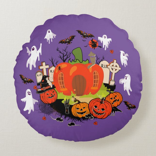 Almofada Redonda Cena de Gravidez Spookeen Pumpkin (Frente)