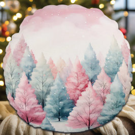 Almofada Redonda Cena de inverno das Árvores de Quartel e Rosa