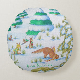 Almofada Redonda cena de neve de inverno de raposa e coelhos
