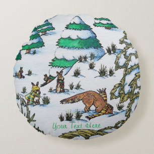Almofada Redonda cena de neve de inverno de raposa e coelhos