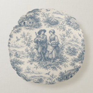 Almofada Redonda Cena Pastoral Francesa Romântica em Azul Empoeirad