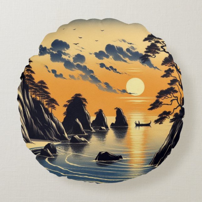 Almofada Redonda Cena Sunset Beach Costal de Tinta Japonesa (Frente)