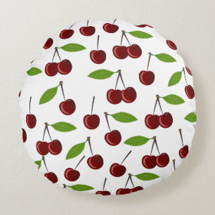 Almofada Redonda Cereja Vermelha, Padrão De Cerejas, Folhas, Fruta