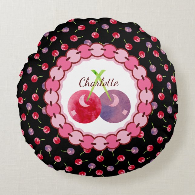 Almofada Redonda Cerejas de Aquarelas Dispersas Personalizadas (Frente)