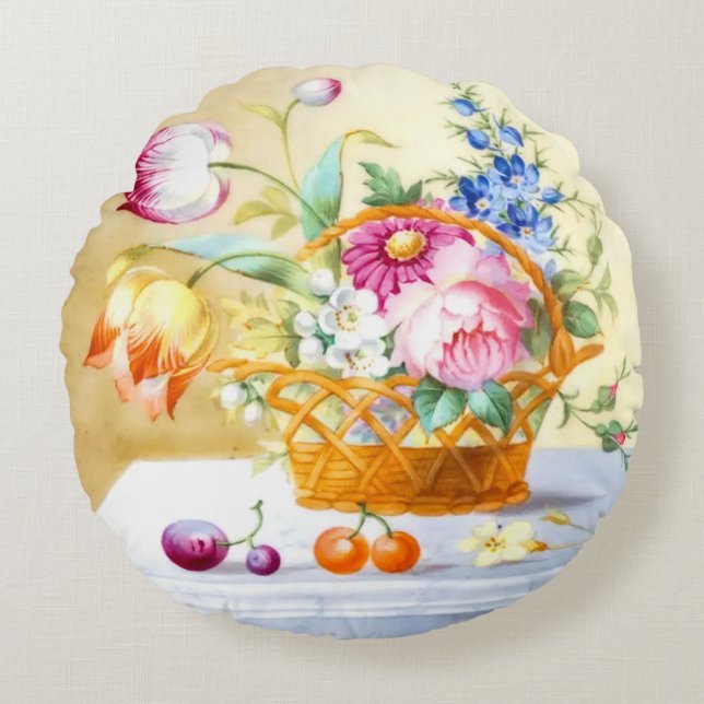Almofada Redonda Cesta Floral Elegante de Primavera com Tulipas (Frente)