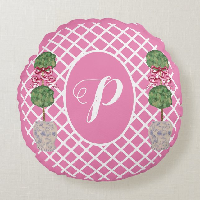 Almofada Redonda Cesto Topiário Ginger Jar Jars Chinoiserie Rosa (Frente)