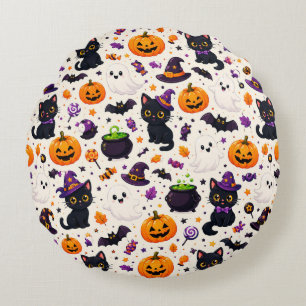 Almofada Redonda Chapéus de Bruxa e Gatos de Halloween 🧙