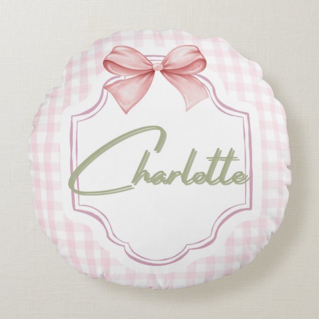 Almofada Redonda Charlotte Personalizada Arco Rosa & Gingham Impres (Frente)