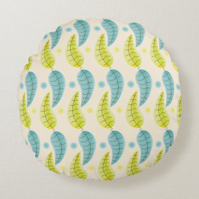 Almofada Redonda Chartreuse e Aqua folhas em travesseiro decorativo (Frente)