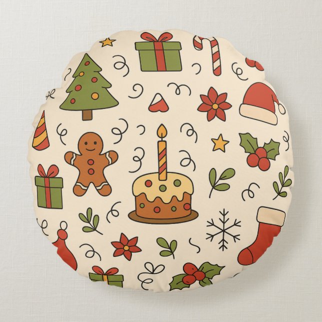 Almofada Redonda Cheerful Christmas Doodle Pattern (Frente)