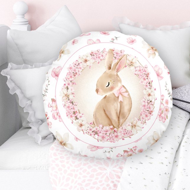 Almofada Redonda Cherry Blossom - Enfermeiro Branco Bonny Branco Ro (Cherry Blossom Cute Bunny White Pink Nursery Round Pillow)