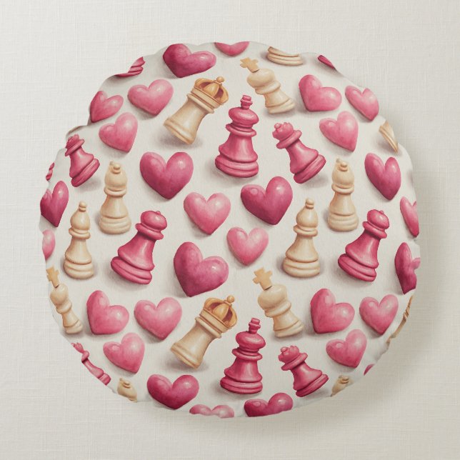 Almofada Redonda Chess & Hearts Valentines Pattern (Frente)