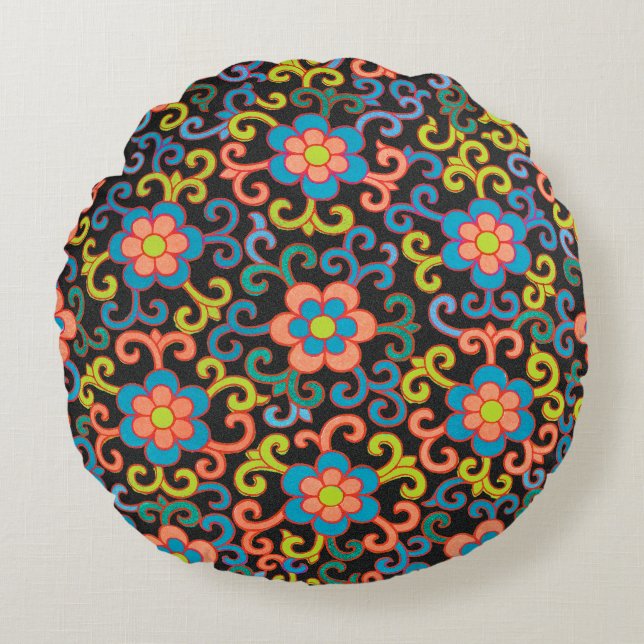 Almofada Redonda Chic Black Pattern with Colorful Floral  (Frente)