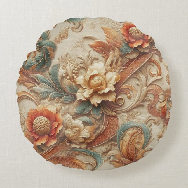 Almofada Redonda Chic, Cremes Elegantes e textura de flor de couro (Frente)