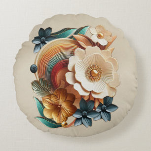 Almofada Redonda Chic, Cremes Elegantes e textura de flores de cour