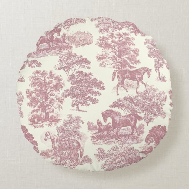 Almofada Redonda Chic Pink Horses Clássico Elegante Toile Country (Frente)