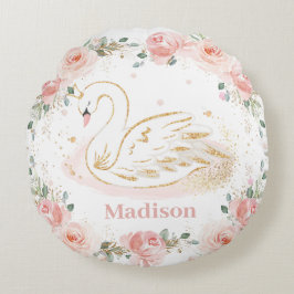 Almofada Redonda Chic Swan Princesa Pastel Blush Floral Dourado