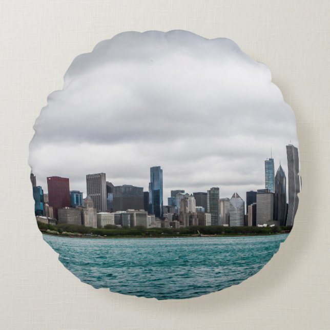 Almofada Redonda Chicago Skylinechicago, skyline, aérea, arquiteto (Frente)