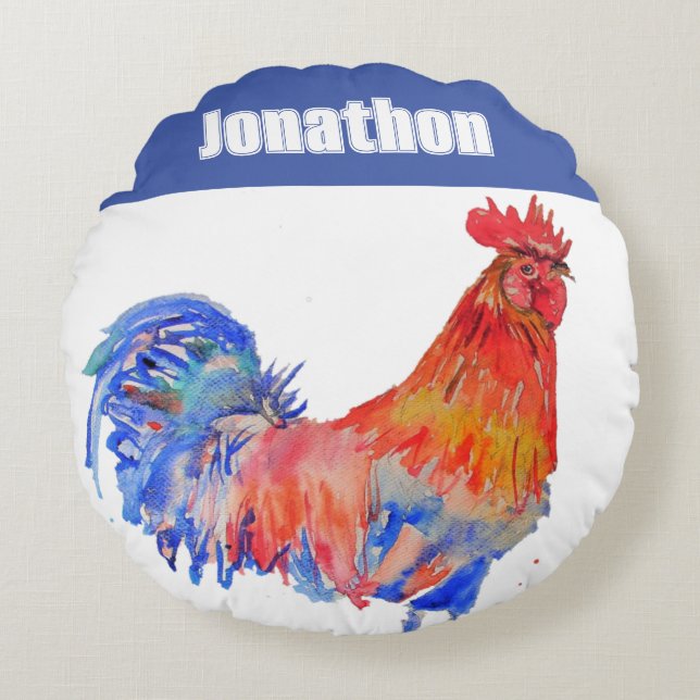Almofada Redonda Chicken Rooster Bird Kids Boys Name Blue Red (Frente)