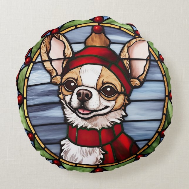 Almofada Redonda Chihuahua Sied Glass Christmas (Verso)