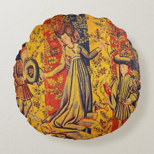 Almofada Redonda Chinoiserie amarela azul-vermelha medieval italian (Frente)