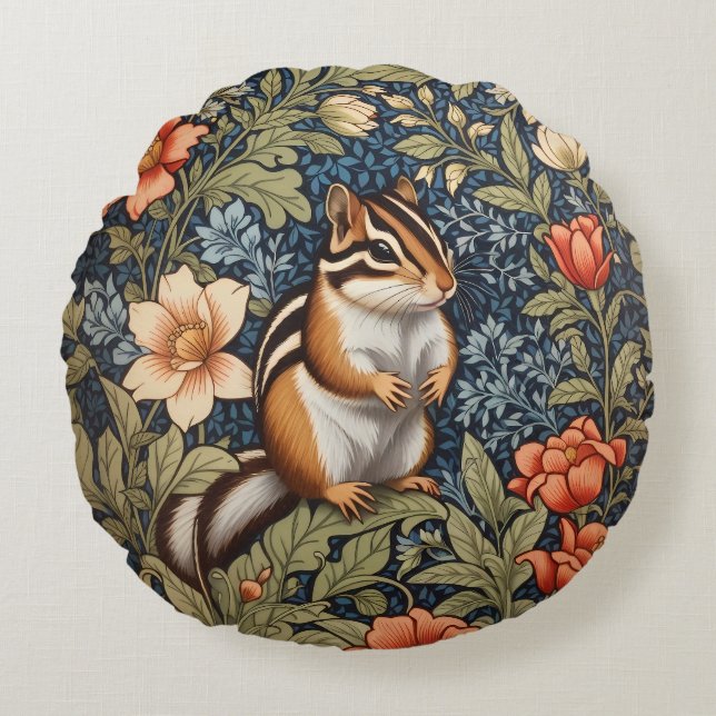 Almofada Redonda Chipmunk Bonito William Morris Inspirou Floral (Frente)