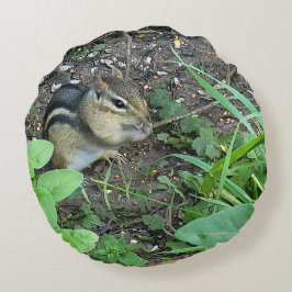 Almofada Redonda Chipmunk Photo In The Summer Garden Eating Seeds 